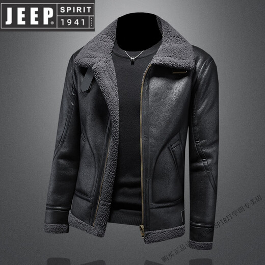 JEEP SPIRIT2025 lamb fur one-piece men's winter jacket plus velvet thickening motorcycle leather jacket men's new product black version M -115Jin Jin equals 0.5 kg