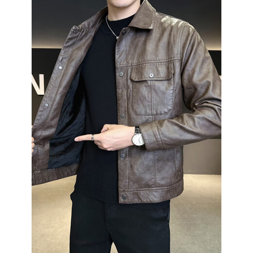Playboy Leather Jacket Men's Autumn and Winter Plus Velvet Thickened Trendy Brand 2025 New Lapel Slim Motorcycle Leather Jacket Men's Warm Jacket Brown M