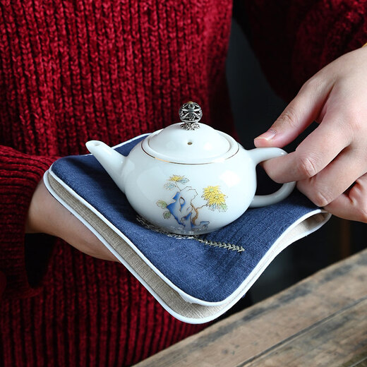 Guangyi cotton and linen thickened tea towel tea tablecloth waterproof tea ceremony mat Chinese style Zen Kung Fu tea ceremony embroidery travel tablecloth Navy/Dandelion (length 29CM width 15CM)