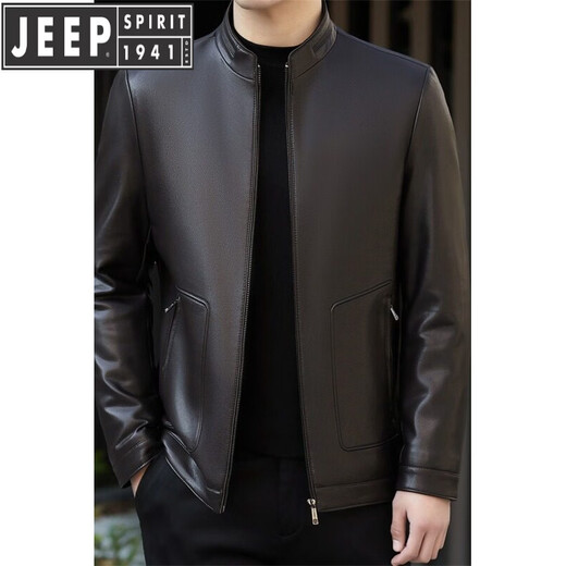 JEEP SPIRIT leather jacket business casual men's winter lapel casual daddy sheepskin jacket middle-aged short leather jacket black S 165