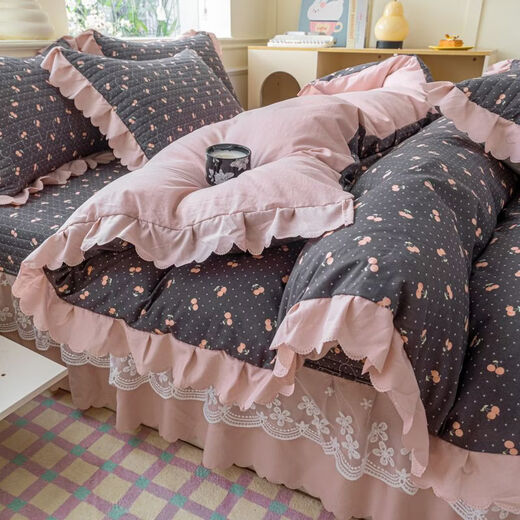 Fantasy French lace knitted double-layer gauze quilt cover three-piece single and double quilt cover princess style floral single and double quilt cover min gray single quilt cover 200x230cm
