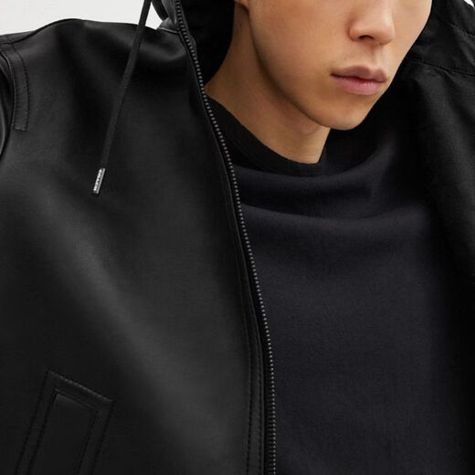 COACH SS24 solid color hooded zipper long-sleeved leather jacket men's black black 2XL