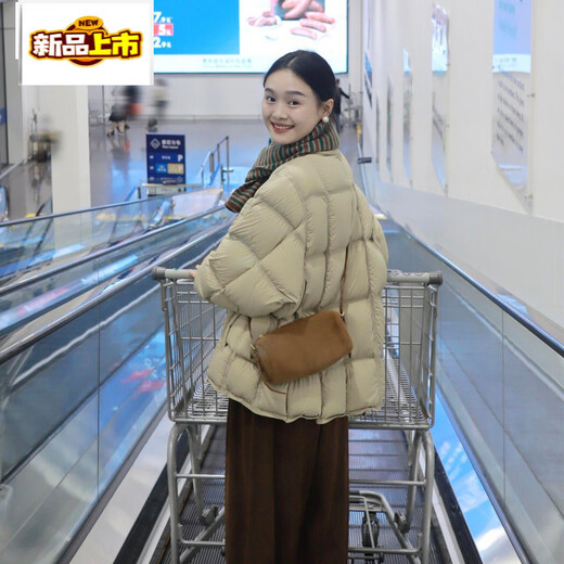 Initial diameter high down filling winter white duck down warm small square bread round neck down jacket for women khaki fabric upgraded version 90 white duck down S