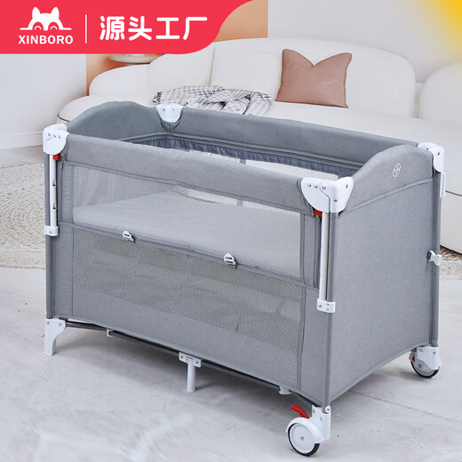 XINBORO crib, foldable and spliced large bed, mobile crib, portable newborn baby changing table, gray 110*60*76cm, movable entry and exit door, luxurious and fully equipped