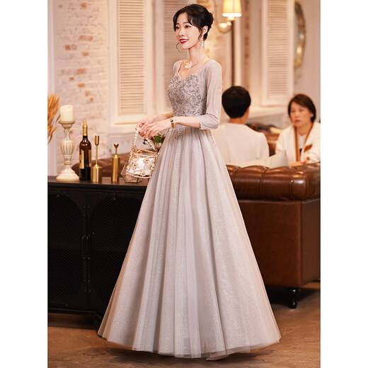 Rich annual meeting host evening dress, high-end female new banquet evening dress, light luxury, high-end niche host, silver gray M