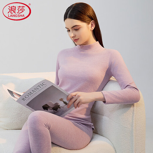 LangSha New Year Red Thermal Underwear Women's Plus Velvet Thickened Set Zodiac Year Wool Silk Autumn Clothes Autumn Pants Seamless Bottoming Shirt High Collar - Light Purple (Top + Pants) L 80-100Jin Jin equals 0.5 kg