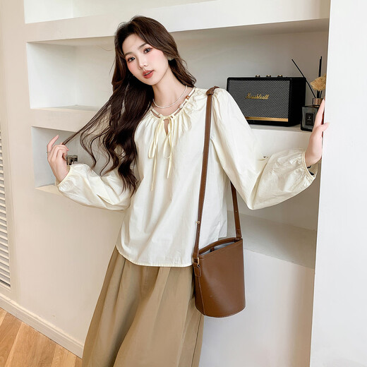 Ives (ITISF4) sweet temperament shirt spring design drawstring round neck versatile loose long-sleeved top apricot S