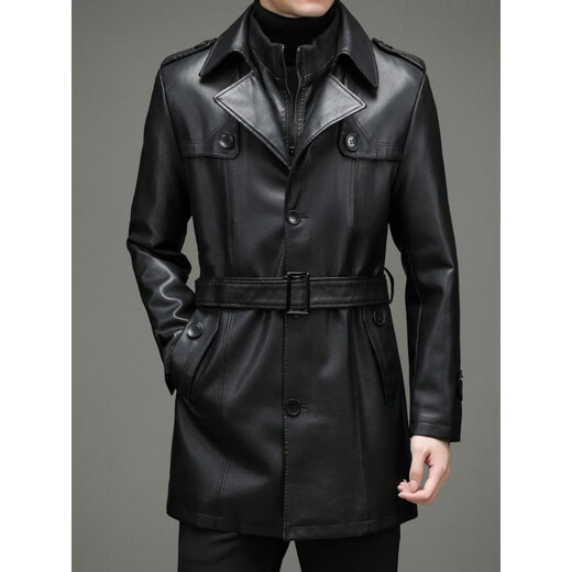 KBXNG劲霸商务男装秋冬新款拼接中长款单排扣PU风衣腰带款休闲皮衣夹克 黑色 M