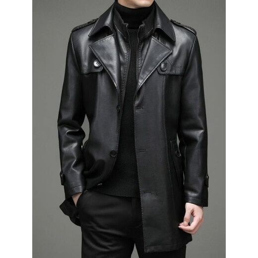 KBXNG劲霸商务男装秋冬新款拼接中长款单排扣PU风衣腰带款休闲皮衣夹克 黑色 M