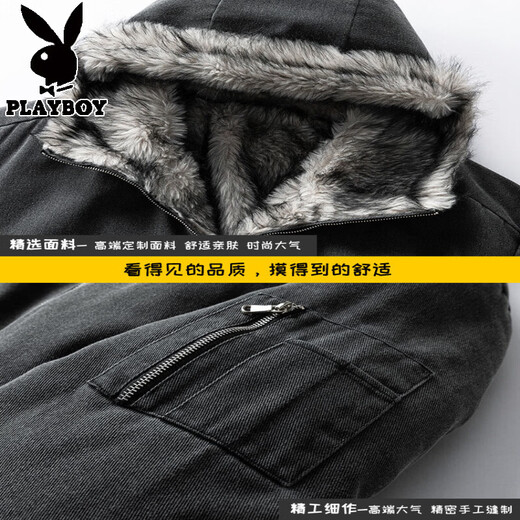 Playboy модная джинсовая куртка в стиле ретро, ​​мужской пуховик, зимний утолщенный бархатный капюшон с горным меховым воротником, утиный пуховик серого качества, проверенный утиный пух, 90% бархат S, подходит для 85-90 лет, вес Джин Цзинь составляет 0,5 кг.