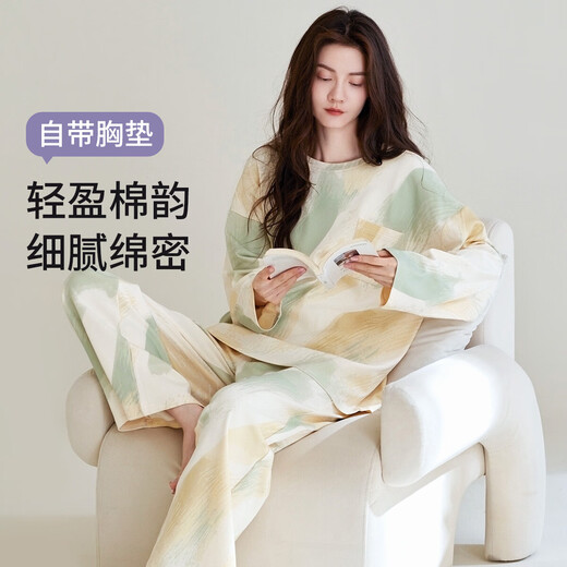 Purple flower language with chest pad 100% cotton pajamas for women spring and autumn new style can be worn outside soft home clothes milky white L