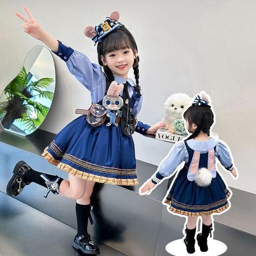 Parmaito Rabbit Police Officer Skirt, Girls Lolita Princess Skirt, Children's Disney Rabbit Police Officer Skirt, Fashionable Girl, Complete Set (Including All in the Picture) 100 Collection Order and Get a Tie