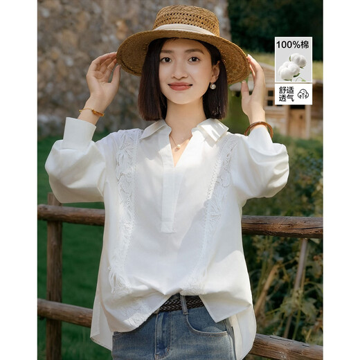 Demana 100 pure cotton spring cool and smart V-shaped lapel outer shirt lace decorated women's shirt