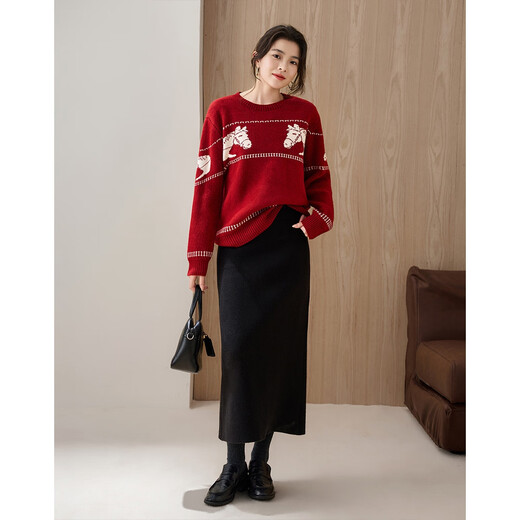 Demana Mengma Shenghua winter warm velvet yarn sweater round neck contrast color jacquard slightly loose women's sweater