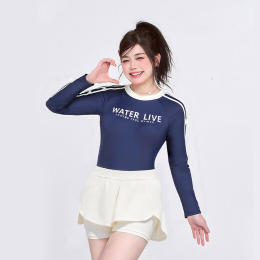 Agliondy long-sleeved large size swimsuit women's sports training fat mm feeling 2025 new swimming pool exclusive navy blue (two-piece set) XL