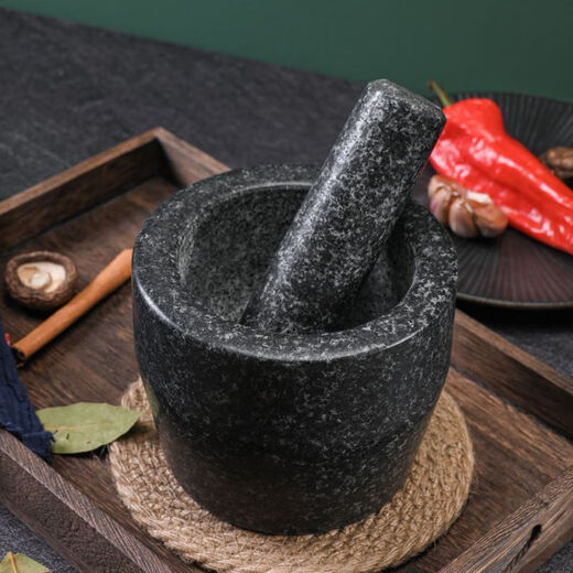BEYZK cylinder-type garlic pounding stone mortar, pair of nests, pure natural garlic mortar, medicine jar, stone grinder, mortar, black granite special 18 cm cylinder-type polished stone mortar with lid