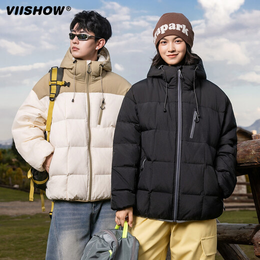 Viishow hooded down jacket men's 2025 new winter retro contrast color couple wear white duck down winter jacket polar black S