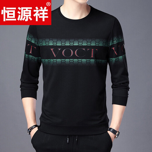 Hengyuanxiang high-end sweatshirt men's round neck spring thin middle-aged men's long-sleeved t-shirt men's fashion printed t-shirt daddy gold A26 M 165