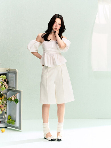 LA LUNE DU CIEL French white tube top with flower buds, waisted short-sleeved top for women, summer simple and elegant shirt, size S