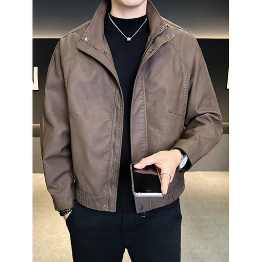 Playboy Leather Men's Jacket Spring and Autumn 2025 New Trendy Brand Stand Collar Men's High-end Handsome Motorcycle Suit Leather Jacket Brown M