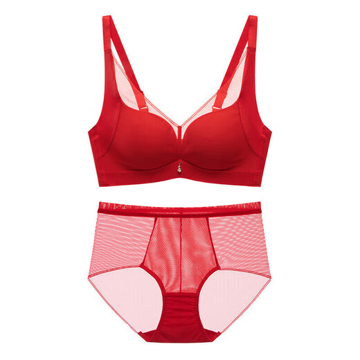 Ordifen Women's Underwear No Wires Zodiac Year of the Horse New Year Antibacterial Seamless Bra Set Skin Friendly Small Breast Push Up Bra Chinese Red 75A