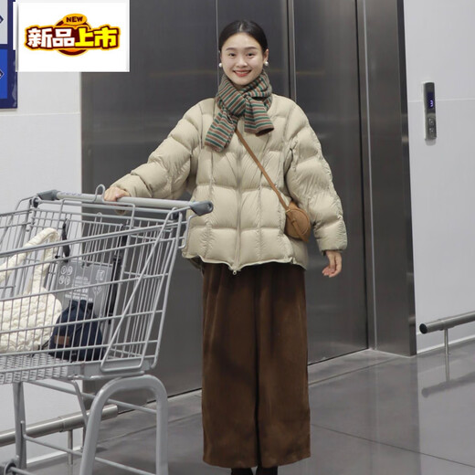 Initial diameter high down filling winter white duck down warm small square bread round neck down jacket for women khaki fabric upgraded version 90 white duck down S