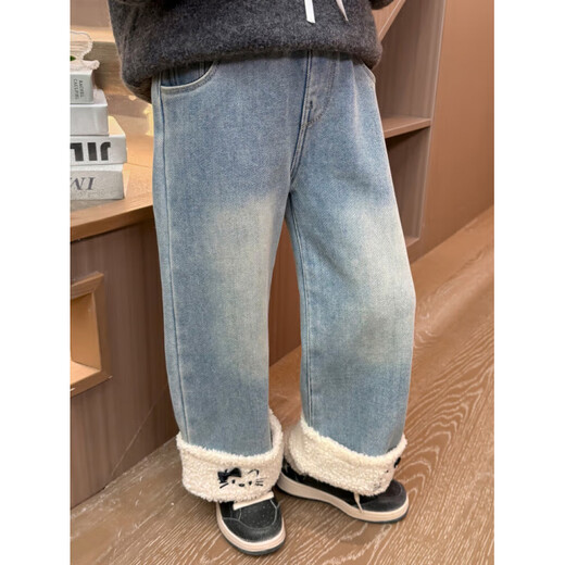 Burwilde international brand girls' velvet pants autumn and winter new style children's winter all-in-one velvet jeans baby straight picture color plus velvet 100 cm
