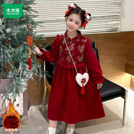 Mumuwu plus velvet and thickened children's western-style New Year greetings for girls 2026 autumn and winter new dress red skirt Chinese style red white new Chinese style dress one size too small 100