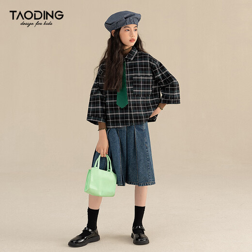 Taoding girls' shirt three-quarter sleeves spring and autumn new style medium and large children versatile dark green plaid Korean style loose college shirt dark green 120