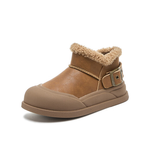 ABJA children's plush cotton shoes 2025 winter style warm short boots for boys and girls, plush collar, non-slip soft sole, stain-resistant cotton boots, chestnut brown 26