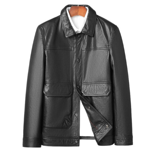 Fat Donglai Supermarket purchasing Haining first-layer waxed cowhide leather jacket men's leather jacket autumn and winter lapel workwear same style black L suitable for 110-125Jin Jin equals 0.5 kg