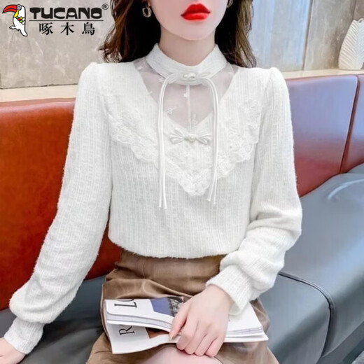 Woodpecker (TUCANO) velvet Chinese style thickened national style button-up shirt fashionable lace bottoming autumn and winter 2026 new top commuting white XL