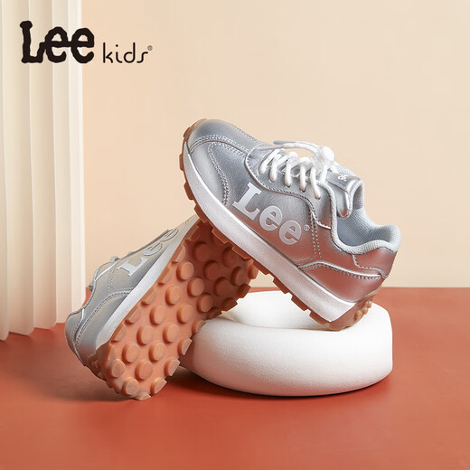 LEE KIDS children's shoes, sports shoes, men's and women's running shoes, 26 spring new running shoes, non-slip, wear-resistant casual shoes, silver, leather, four seasons, 30, inner length 19.0cm, suitable for feet 18.0-18.5cm long