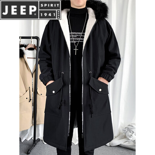 JEEP SPIRIT棉衣男冬季加厚派克服风衣外套情侣马甲中长款棉大衣冬装棉服 黑色 M