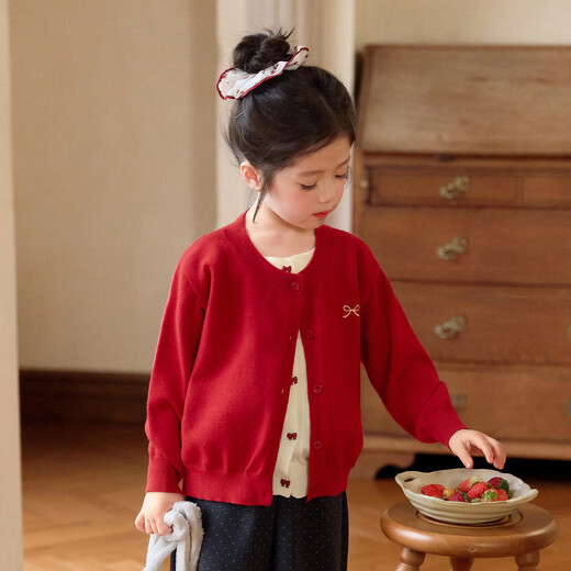 LUSON Children's Clothing Baby Red Knitted Cardigan Women's 2026 Spring Girls New Year Sweater Knitted Jacket