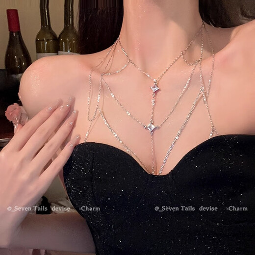 Shui Yunmiao chest chain and body chain with tassels and stacked sexy necklaces for couples, fun, light luxury, high-end niche dress, clavicle chain for women, chest-showing body chain, silver style