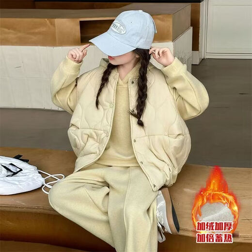 New product 2025 plus velvet and thickening for middle and large children and girls solid color western style internet celebrity Korean style loose vest and sweatshirt three-piece set wide-legged purple three-piece - vest-sweatshirt-pants 110 #