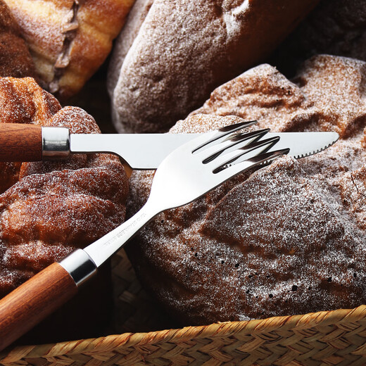 Qiao Bo Lai Korean style ins style spoon 304 stainless steel Western steak knife, fork and spoon Sapele solid wood handle tableware household soup spoon and fork silver knife, fork and spoon 4-piece set