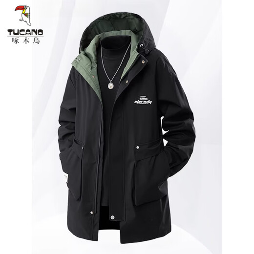 Woodpecker (TUCANO) hooded windbreaker jacket men's spring and autumn loose slim mid-length jacket plus fat plus size fat casual coat military green 7XL 240-265Jin Jin equals 0.5 kg