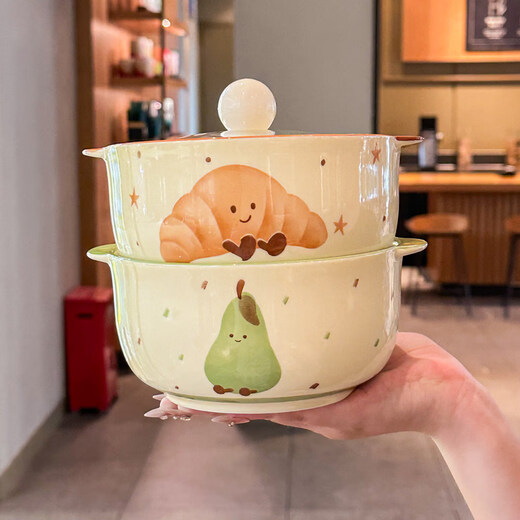 Shijanu new product ins high-looking Internet celebrity fruit croissant ceramic instant noodle bowl with lid double-ear soup bowl student dormitory 6.5-inch instant noodle bowl-brown croissant (without lid)