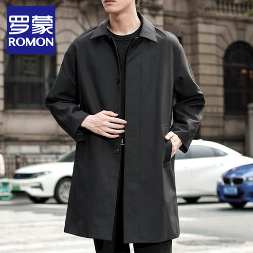 ROMON retro simple windbreaker men's mid-length single-breasted autumn and winter Korean coat business casual jacket for young and middle-aged men, military green XL