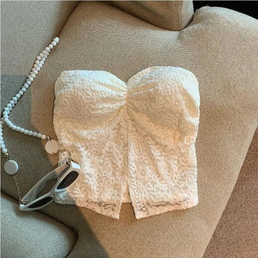 Summer retro lace slit tube top women's sweet elastic breast-wrapped top with breast pads and beautiful back bottoming shirt black S