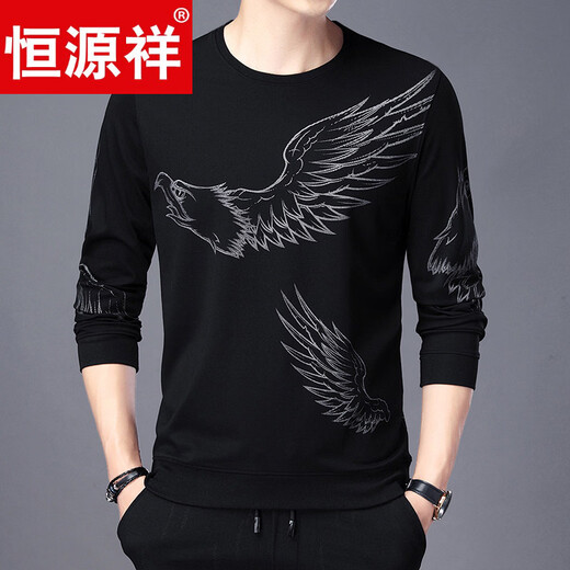 Hengyuanxiang high-end sweatshirt men's round neck spring thin middle-aged men's long-sleeved t-shirt men's fashion printed t-shirt daddy gold A26 M 165