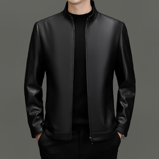 New Men's Leather Jacket Sheepskin Casual Stand Collar Jacket Youth Simple Wallet Black + First Layer Sheepskin M 170