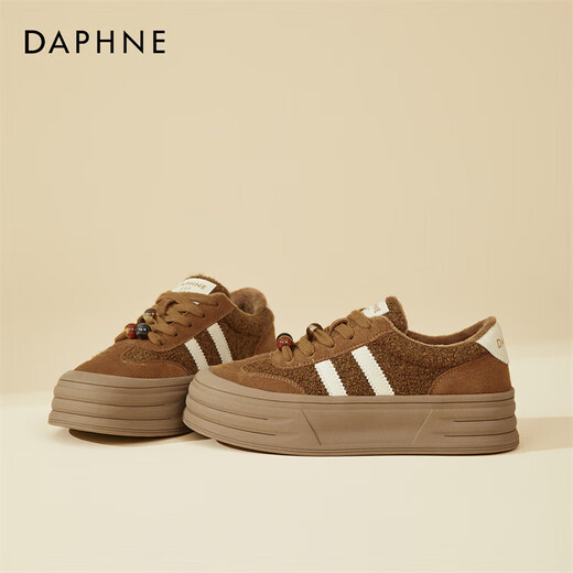 DAPHNE Daphne winter velvet and height-increasing cotton shoes for women 2025 new American campus thick-soled all-match casual sports moral training sneakers caramel color velvet heel height 4cm 35 (225mm)