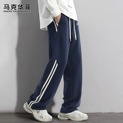 MARK FAIRWHALE pants men's winter American casual pants men's trendy sports pants sweatpants men's trousers navy blue M