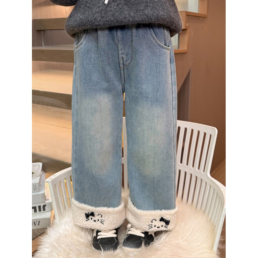 Burwilde international brand girls' velvet pants autumn and winter new style children's winter all-in-one velvet jeans baby straight picture color plus velvet 100 cm