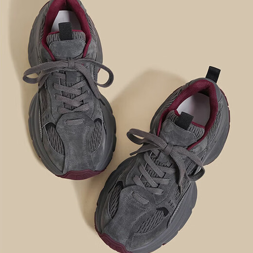 OLJ luxury high-end brand women's shoes thick-soled dad shoes 2026 new casual commuting color matching retro fashion sneakers gray red single lining 39