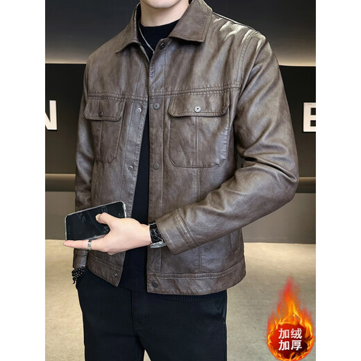 Playboy Leather Jacket Men's Autumn and Winter Plus Velvet Thickened Trendy Brand 2025 New Lapel Slim Motorcycle Leather Jacket Men's Warm Jacket Brown M