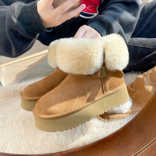 Woodpecker thick-soled fur integrated snow boots for women 2025 new winter warm plus velvet thickened mid-tube furry large cotton shoes light brown plus velvet thickening 36 (230mm)